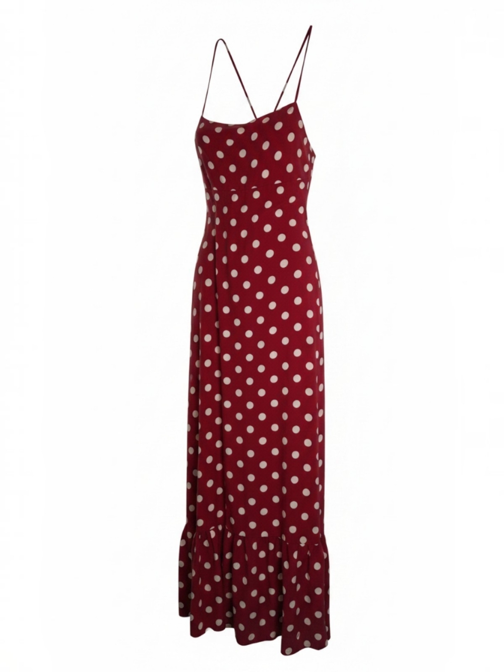 Red Polka Dot Maxi Slip Dress with Ruffle Hem